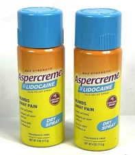 2 Pack Aspercreme Lidocaine 4% Dry Spray 4 oz Each New Exp 2027 Pain Relief