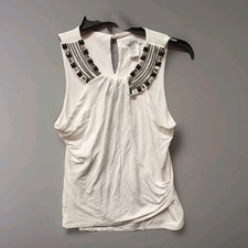 Cache White Sleeveless Beaded Draped Blouse Women's Med Embellished Keyhole Neck