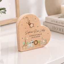 Personalised Christening Gift Plaque, Safari Animals Batism Heart Block Frame