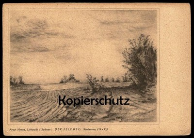 OLD ARTIST POSTCARD THE DIRT ROAD ARTUR HENNE LIEBSTADT SAXONY ETCHING 1948