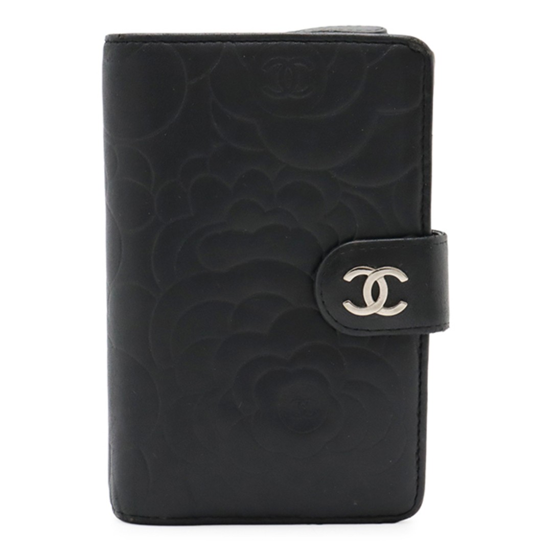 Chanel Black Lambskin Camellia Embossed Bifold Wallet with Silver Hardware A5
