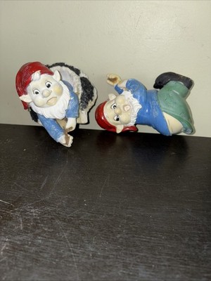 2 Rare Vtg Wall Hanging ceramic Pixie Elf Figurines 1950s Mid-Century Green& Blu