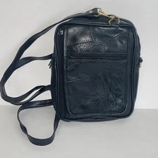 Vintage Black Patchwork Genuine Leather Crossbody Shoulder Bag Purse