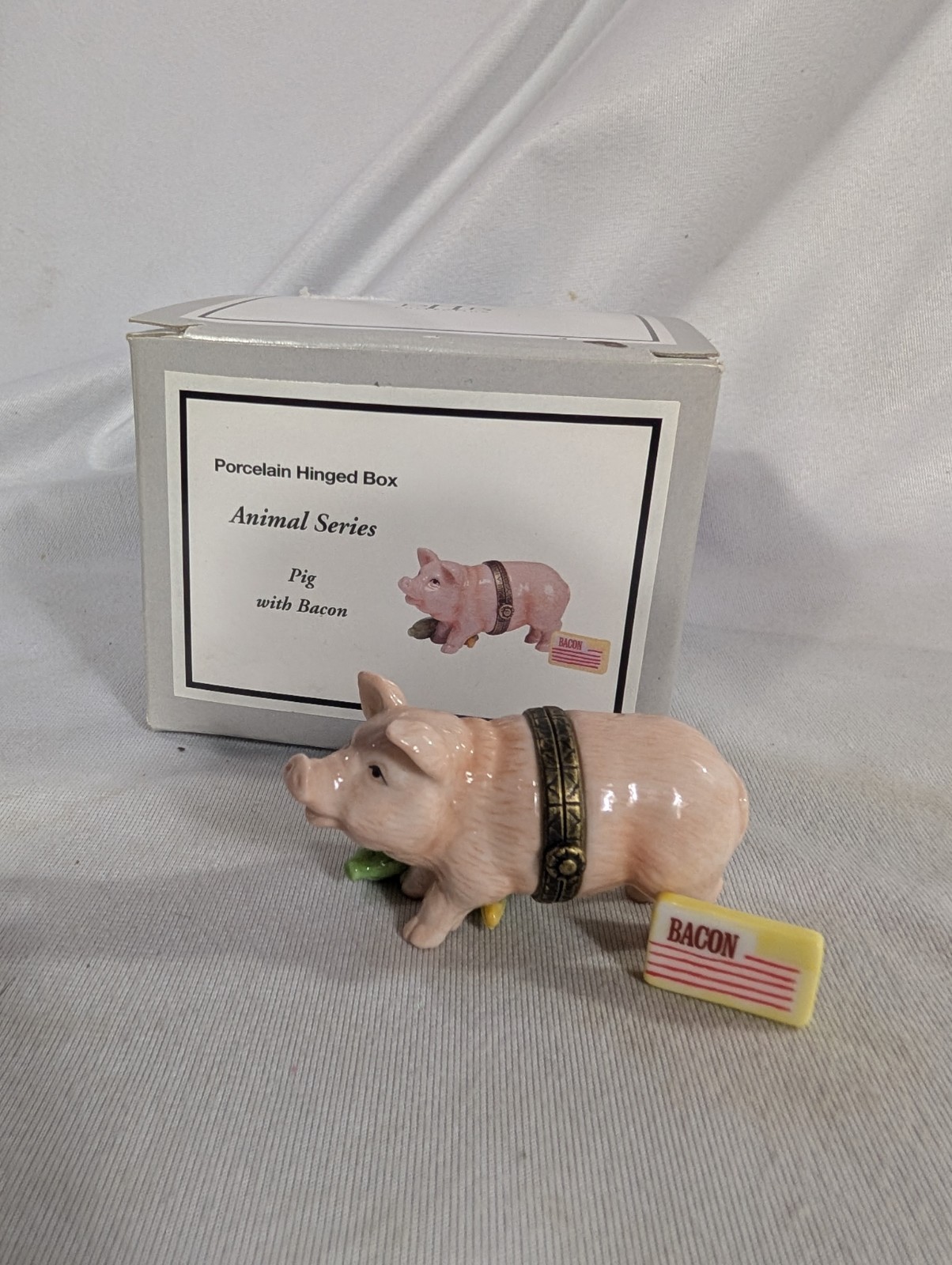 PHB Porcelain Hinged Trinket Box Pig with Bacon Inside
