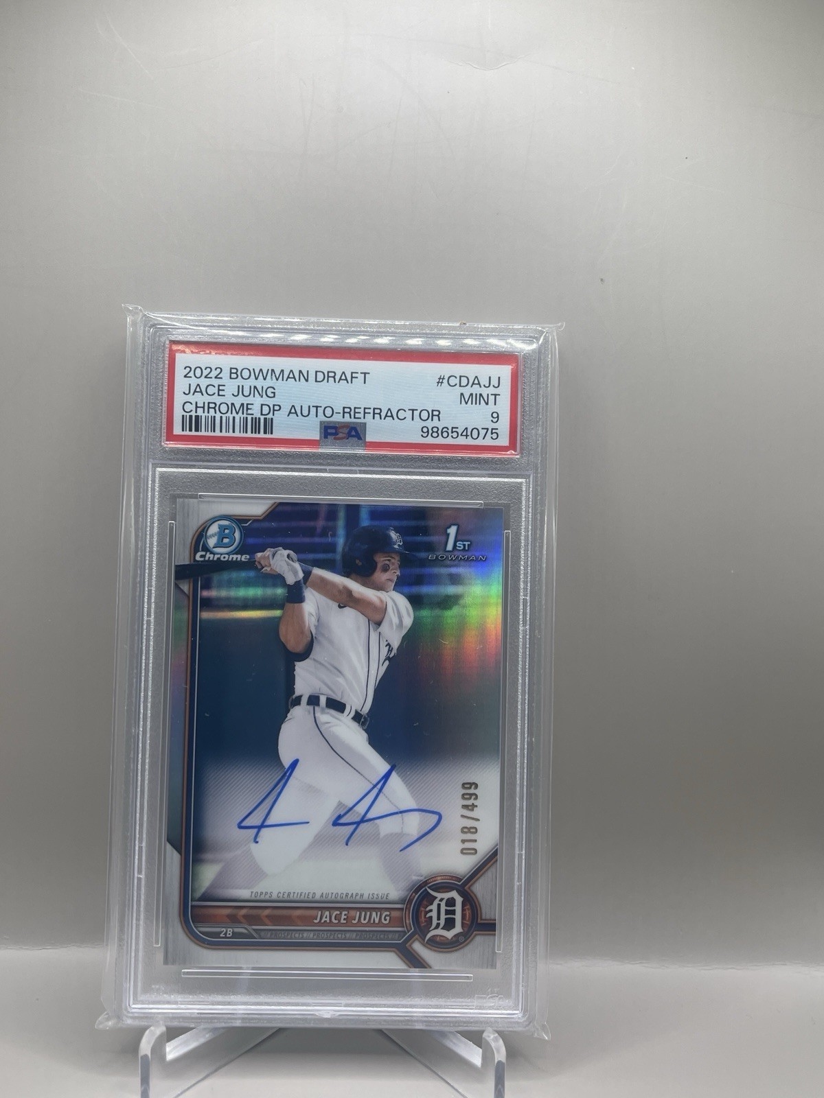 2022 Bowman Draft Jace Jung Chrome Auto Refractor 1st /499 Tigers SP PSA 9