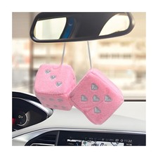 2 Pcs Fuzzy Plush Dice For Car Mirror 2.75 Retro Square Heart Pink Decor