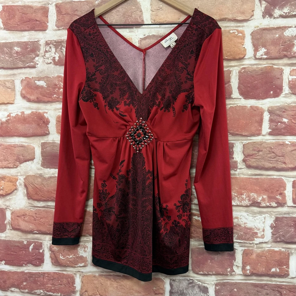 Camisa Abstracta Boho Floral Beige by ECI Top Mujer Mediana Roja Negra Con Cuentas Foto 3 de 4