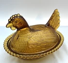 Vintage Indiana Glass Amber Hen on Nest Covered Dish Beaded Rim Chicken Bowl