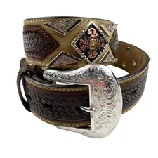 Ranger Belt Company Hand Tooled Brown Leather Belt Men's 30
