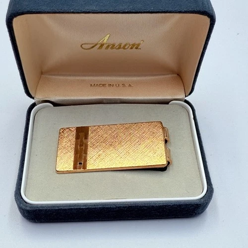 Vintage Anson Gold Tone Money Clip Diamond Cut Made in USA Original Box NOS