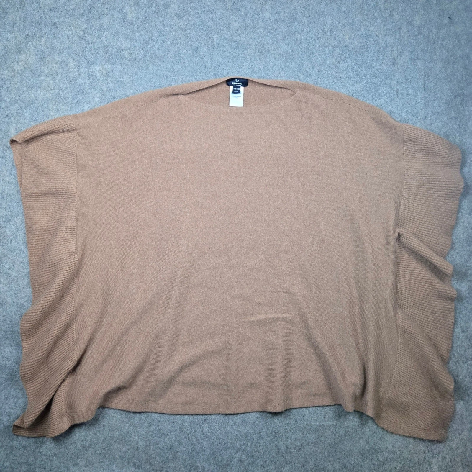Lands End Poncho Sweater Womens One Size Brown 100% Cashmere Ribbed Trim Wrap