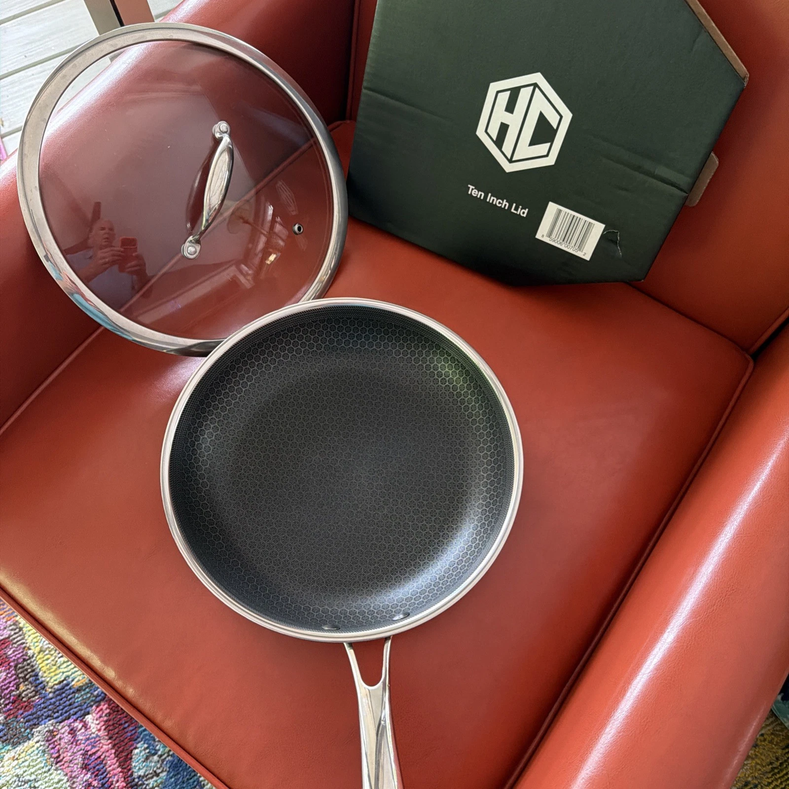 USED HexClad Hybrid 10 in Nonstick Frying Pan w NICE Tempered Glass Lid