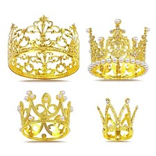 4 PCS Gold Crown Cake Topper Crystal Pearl for Birthday Wedding Party Alloy...