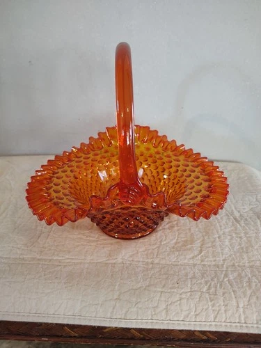 Fenton Vintage Art Glass orange Amberina Hobnail Colonial Basket with Handle
