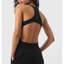 Alo Yoga Ribbed Half-Court Bodysuit Black Womens Size M Athletic Athleisure EUC