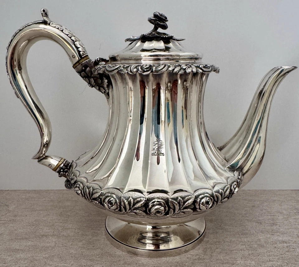 FINO JUEGO DE CAFÉ DE TÉ GEORGIANO INGLÉS ROSA ESTERLINA 4 PIEZAS EMES & BARNARD 1823 Foto 3 de 4