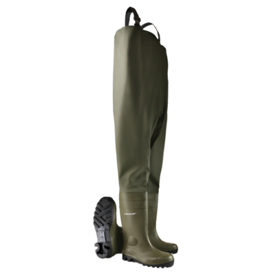 Dunlop Full Safety Chest Wader S5 Green Waterproof Fishing Steel Toe 