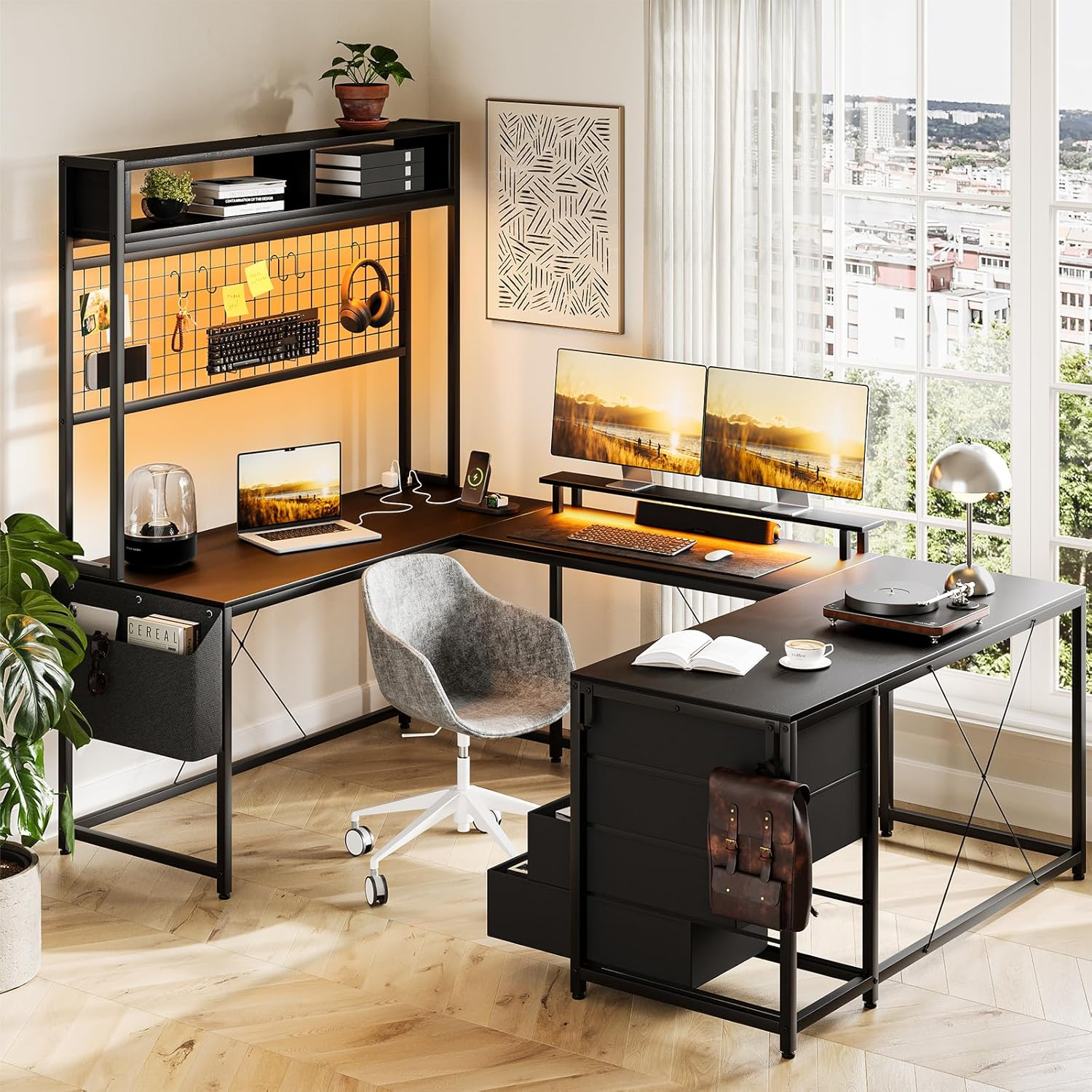 U Shaped Computer Desk with Monitor Stand and LED Lights, Computer Gaming Desk w