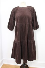 Everlane XS Brown Corduroy Tiered Puff Sleeve Midi Dress Pockets