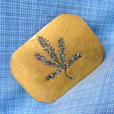 Pot Leaf Belt Buckle Boho Hippie Brass Stone Inlay Artisan Signed Vtg 70s.QRT897