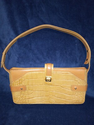 Cole Haan Croco Embossed Leather Baguette Handbag in Tan Caramel