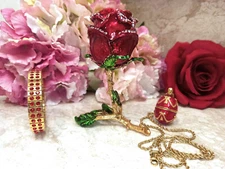 Jewelry set & Faberge egg Red trinket ROSE  wife Gift for Valentine Xmas Fabergé