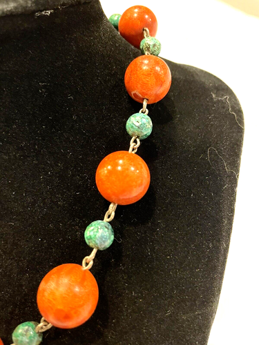Vintage Natural Red Sponge Coral And Chrysocolla Beaded Necklace 925 Bracelet - Picture 4 of 24