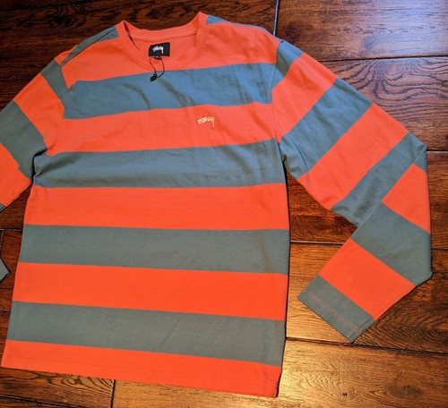 STUSSY FELPA GIROCOLLO UOMO MANICA LUNGA RIGHE AUDACI ARANCIONE BLU TAGLIA LARGE - Foto 2 di 11
