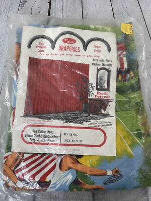 VINTAGE BOB WEEKS DRAPERIES SIZE 48 x 63 TENNIS PRINT 100% COTTON NEW!