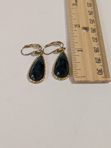 Gold Tone Textured Lever back Earrings With Green Marbled Bezel Set Acrylic. 1". - Picture 12 of 12