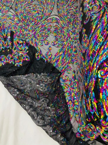 Sequins Fabric - MultiColor - 4 Way Stretch Fancy Big Damask Design Sold By Yard - Picture 4 of 4