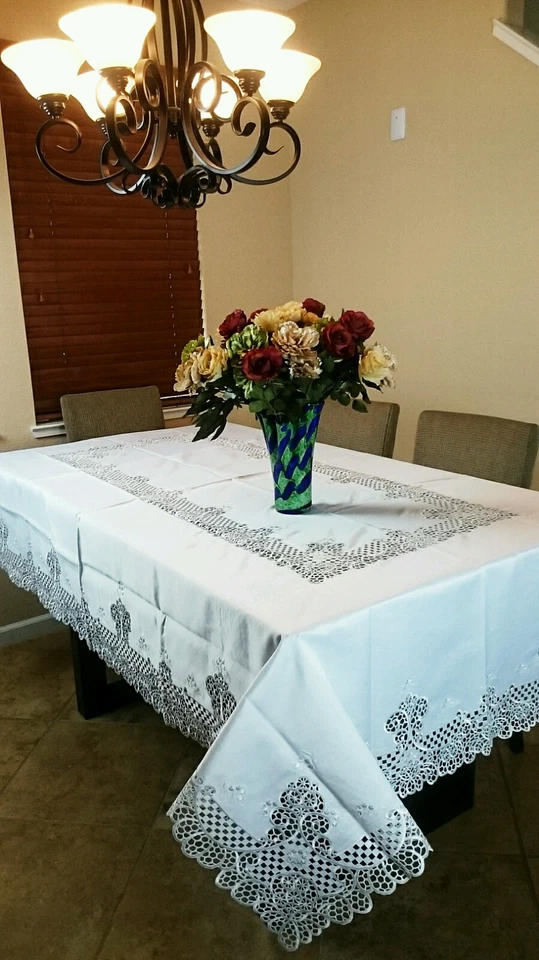 White 72x144" Embroidered Polyester Cutwork Tablecloth 12 Napkins Wedding Party - Image 2 of 4