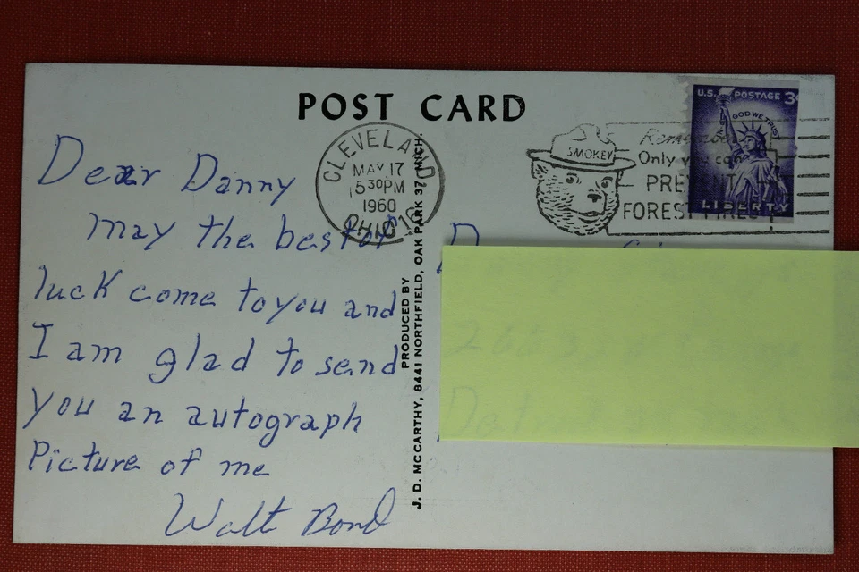 VINTAGE 1960 Cleveland Indians WALT BOND autograph/auto/signed photo postcard - Image 2 of 2