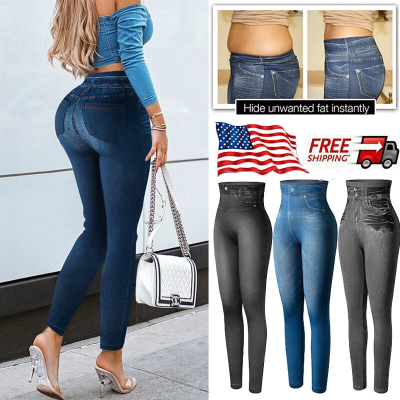 Women Butt Lifter Seamless High Waist Jeans Leggings Elastic Jeggings Denim  Pant