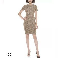 Calvin Klein Tweed Knit Sheath Dress Multicolor Tan Brown Career Modest Size 16