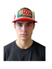 VTG Red Man Chewing Tobacco Swingster Red White Snapback Trucker Hat Patch USA