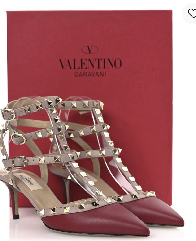 Valentino Nappa Rockstud 65mm Ankle Strap Kitten Heel Burgundy 37.5 MSRP $1195