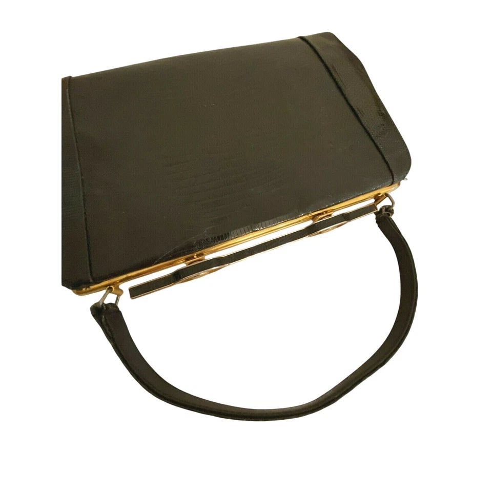 Vintage Mid Century Top Handle Purse Black / Brown Lizard Skin Textured Leather - Image 4 of 4