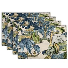 Anydesign Chinoiserie Placemats Asian Scenic Blue And Kelly Green Tabl
