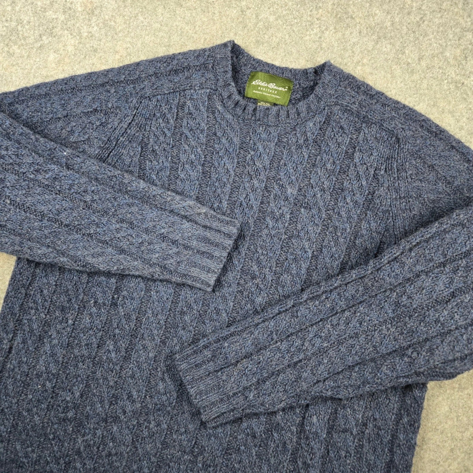 Eddie Bauer Sweater Mens XL Blue 100% Wool Cable Knit Fisherman Fleck Heritage