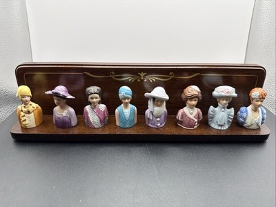 Avon-1983, Elegant 8-pc Set Figural  Lady Thimbles on Wooden Stand