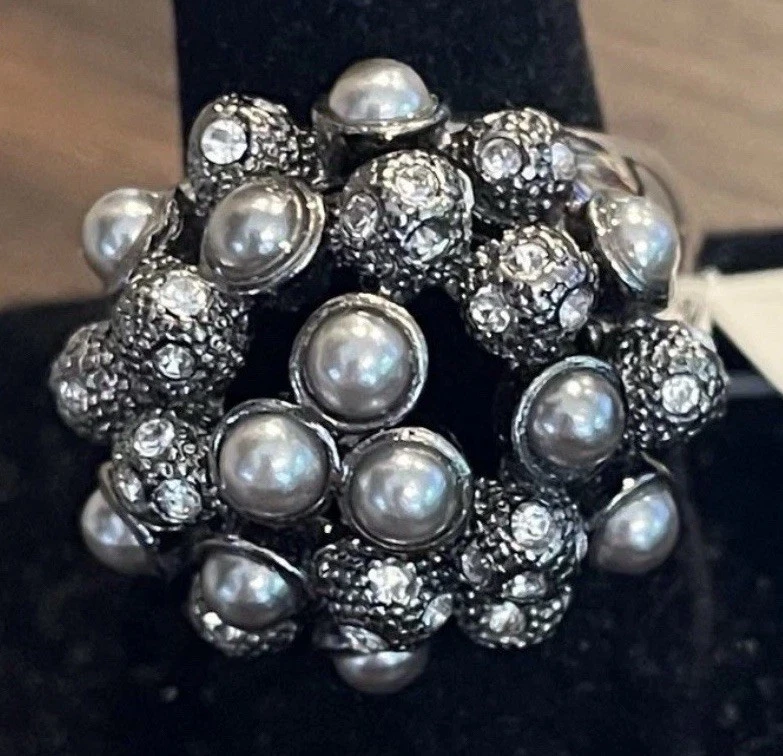 Lia Sophia Luna Gray Faux Pearls Crystal Accents Statement Ring Size 5 - Image 2 of 3