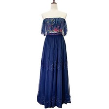 Sherri Hill Navy Blue Floral Boho Embroidered Formal Tulle Two Piece Gown Size 4