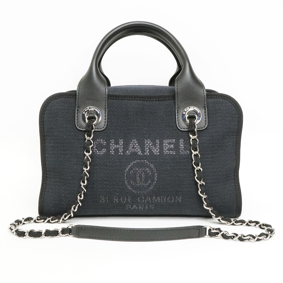 CHANEL Deauville Mini 2way Shoulder Bag in Dark Navy Canvas & Leather with Chain Strap