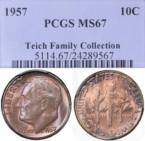 MS67 1957 10C Roosevelt Silver Dime, PCGS Old Holder- Nicely Mint Set Toned