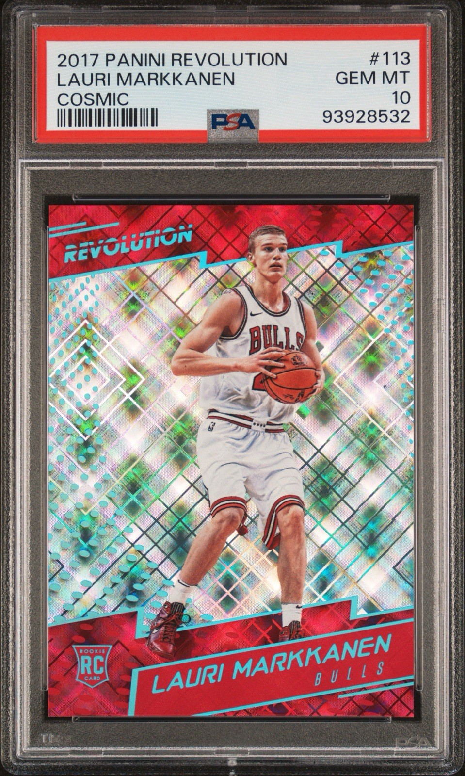 2017-18 Panini Revolution - Rookie Lauri Markkanen #113 Cosmic /100 (RC) PSA 10 view 1