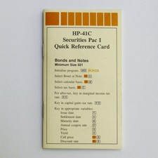 Quick reference card for Hewlett Packard HP 41C calculator Securities Pac