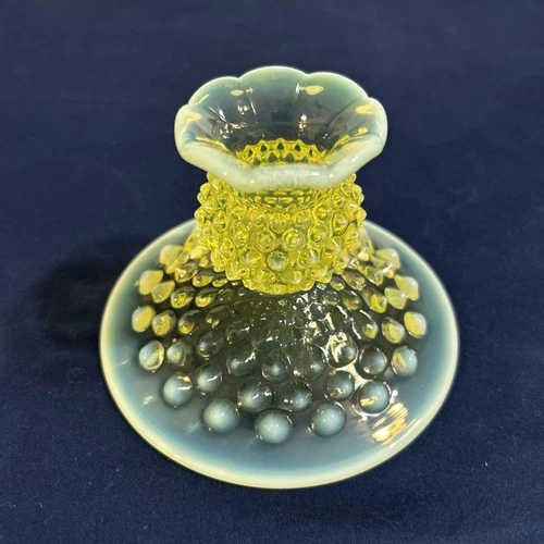 Fenton Hobnail Candlestick / Holder 4.3" Vaseline Topaz Opalescent Uranium - 1pc