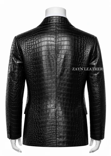 Men's Black Crocodile Embossed Real Leather Blazer Two Button Jacket Luxury Coat image 2