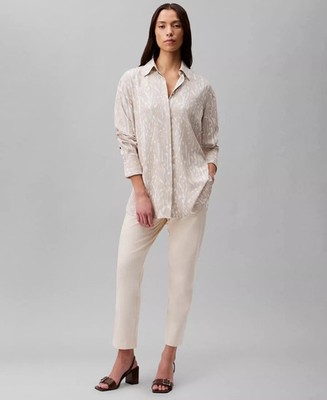 Calvin Klein Womens Flowing Printed Relaxed Fit Button-Front Shirt Cream White S